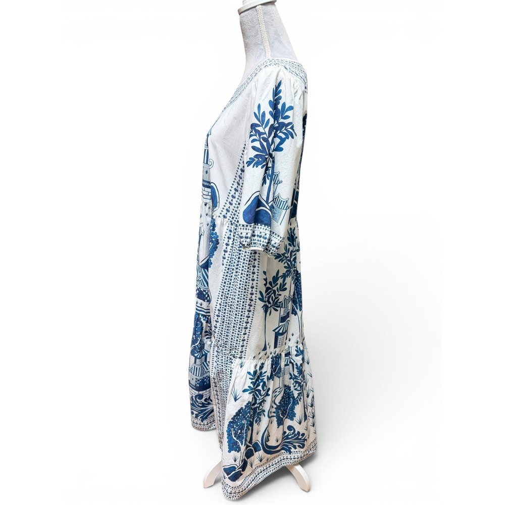 Farm Rio Ancient Garden Blue White Cotton Poplin Midi Dress L Cottagecore - Picture 4 of 13